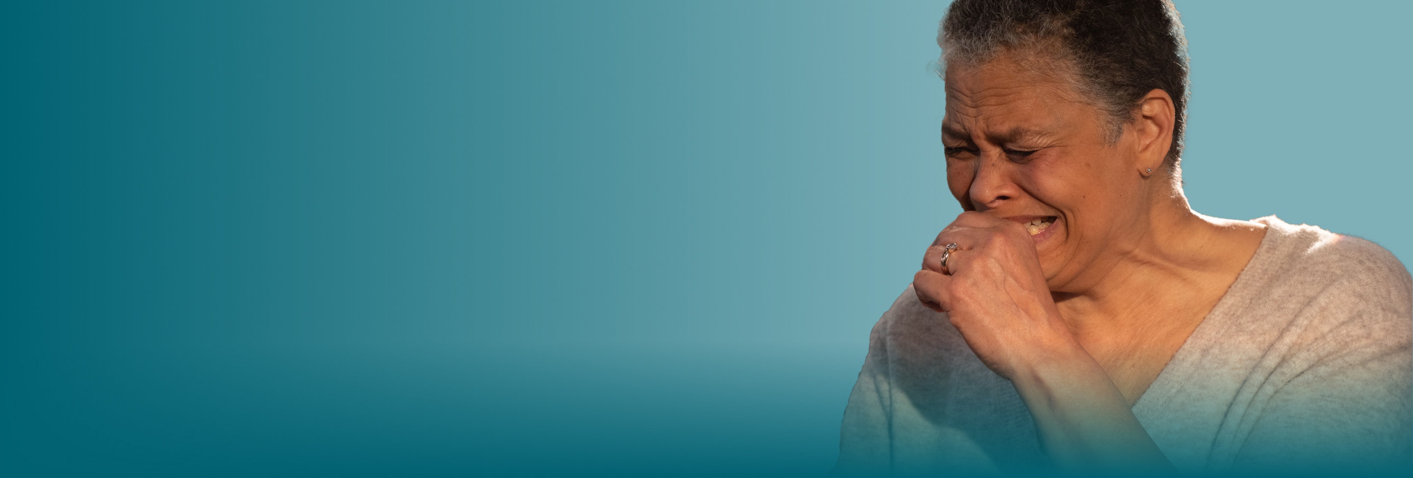 Actor portrayal of an older female experiencing Pseudobulbar Affect (PBA) crying symptoms