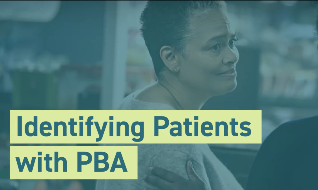Screenshot image of video titled “Identifying Patients with PBA” and actor portrayal of a female with Pseudobulbar Affect (PBA) at a grocery store