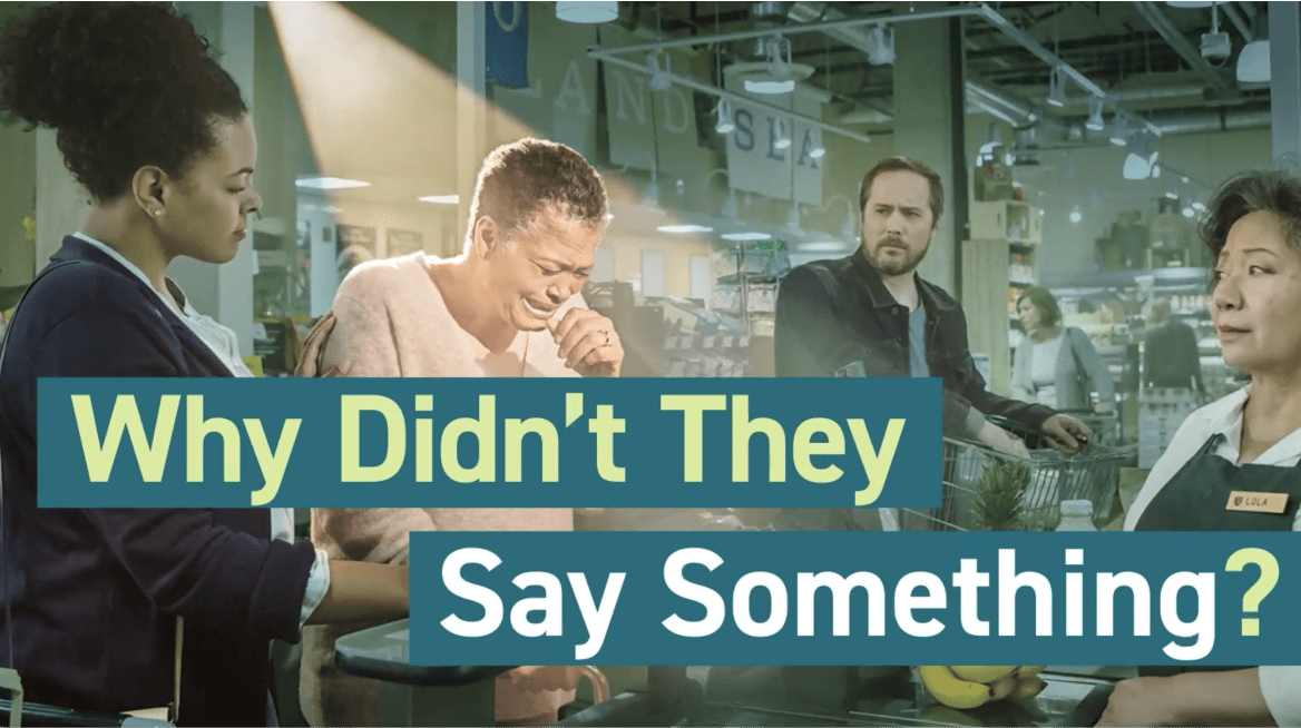Screenshot image of video titled “Why Didn’t They Say Something?” and actor portrayals of a female experiencing Pseudobulbar Affect (PBA) crying symptoms around other people in a grocery story setting