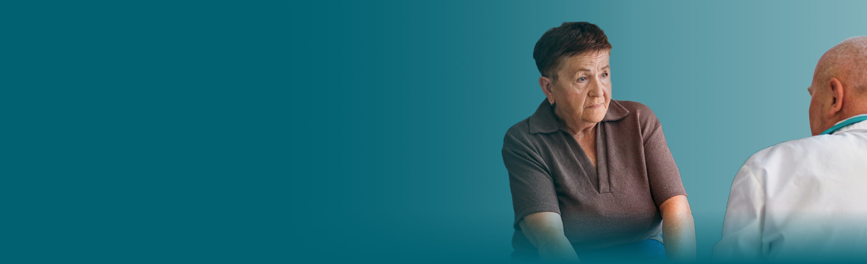 Actor portrayals of an older male experiencing Pseudobulbar Affect (PBA) crying symptoms, next to a younger female holding playing cards