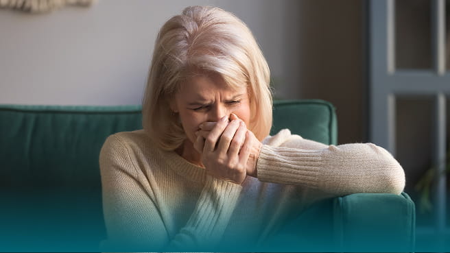 Carol, older female patient experiencing Pseudobulbar Affect (PBA) symptoms